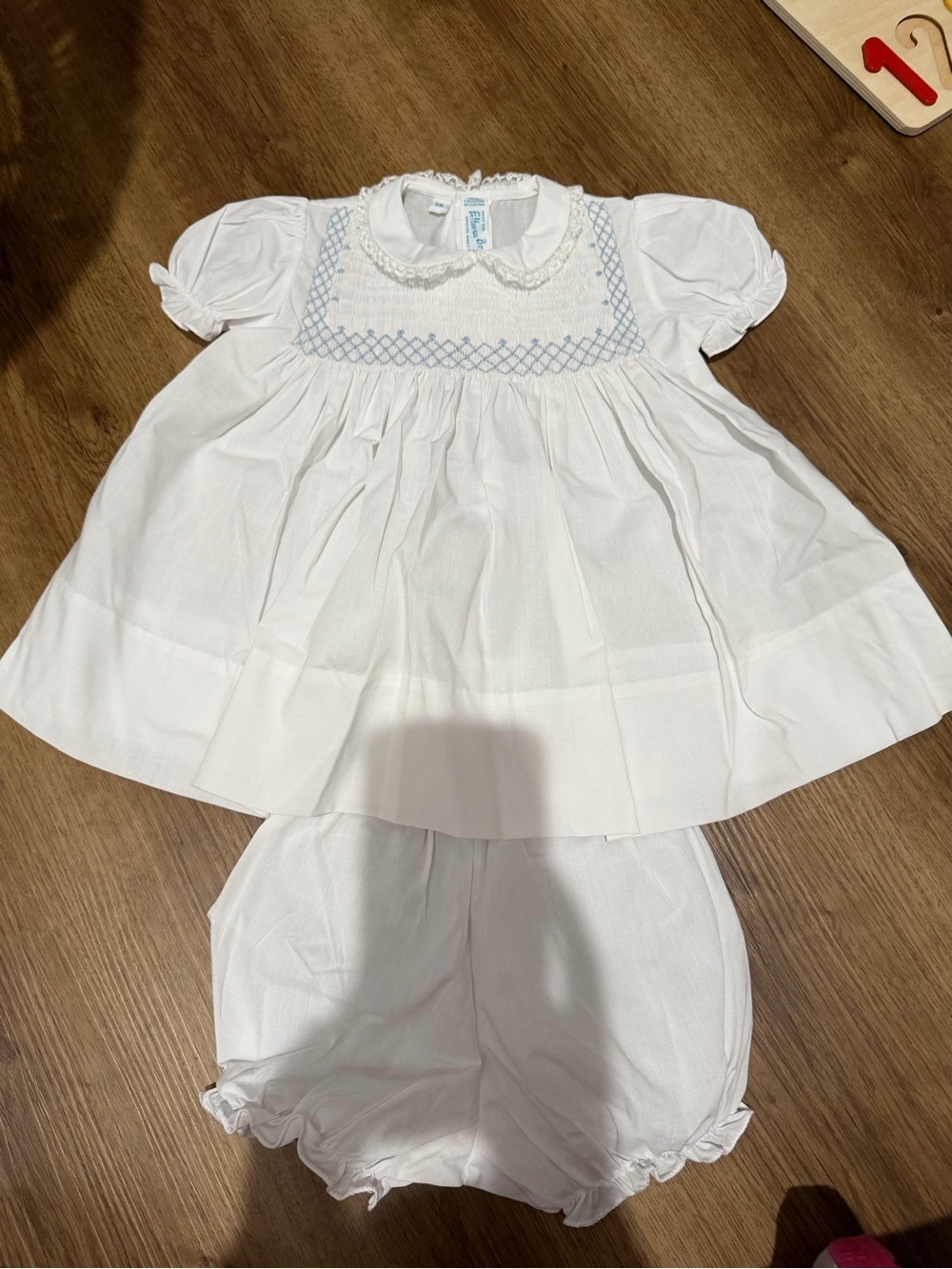White Smocked Two-Piece Kids Matching Set with Light Blue Detail